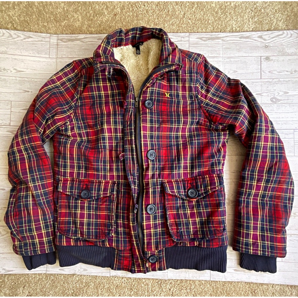 Hurley women L Plaid Bomber Jacket Sherpa Lined Full Zip Button Red/Blue/Yellow